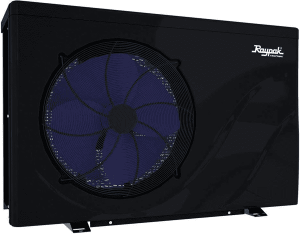 A black Raypak Crosswind Electric Heat/Cool Pool Heat Pump with a blue fan.